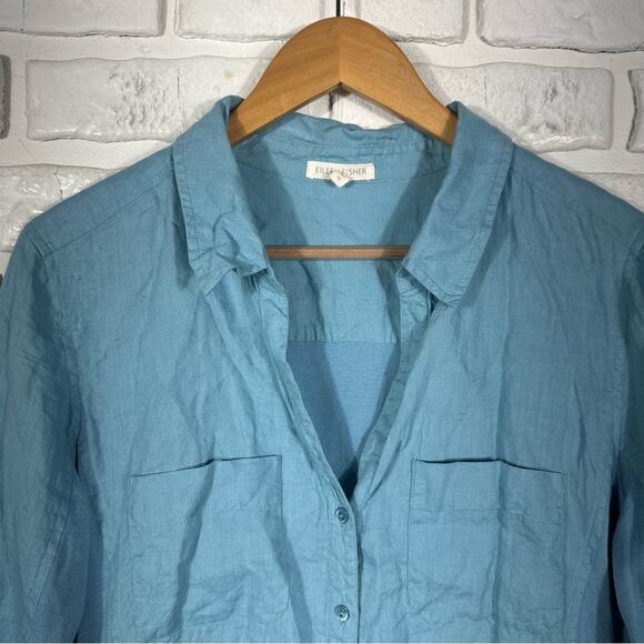 Eileen Fisher Irish Linen and Cotton Button Down Top Blue Size Medium - Picture 6 of 8
